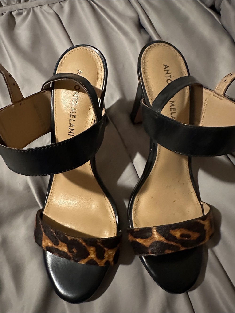 ANTONIO MELANI Black Leather Sandals with Leopard-Print Strap